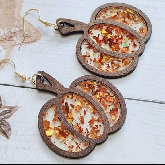 Halloween Thanksgiving Pumpkin Wood Texture Acrylic Glitter Hollow Earrings - Picture 7 of 11